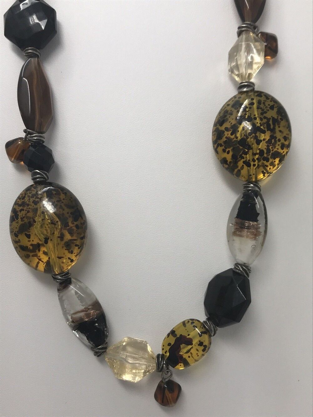 CHICO'S Necklace Brown Earth Tone Chunky Glass Beads Black Plastic Beaded BOHO